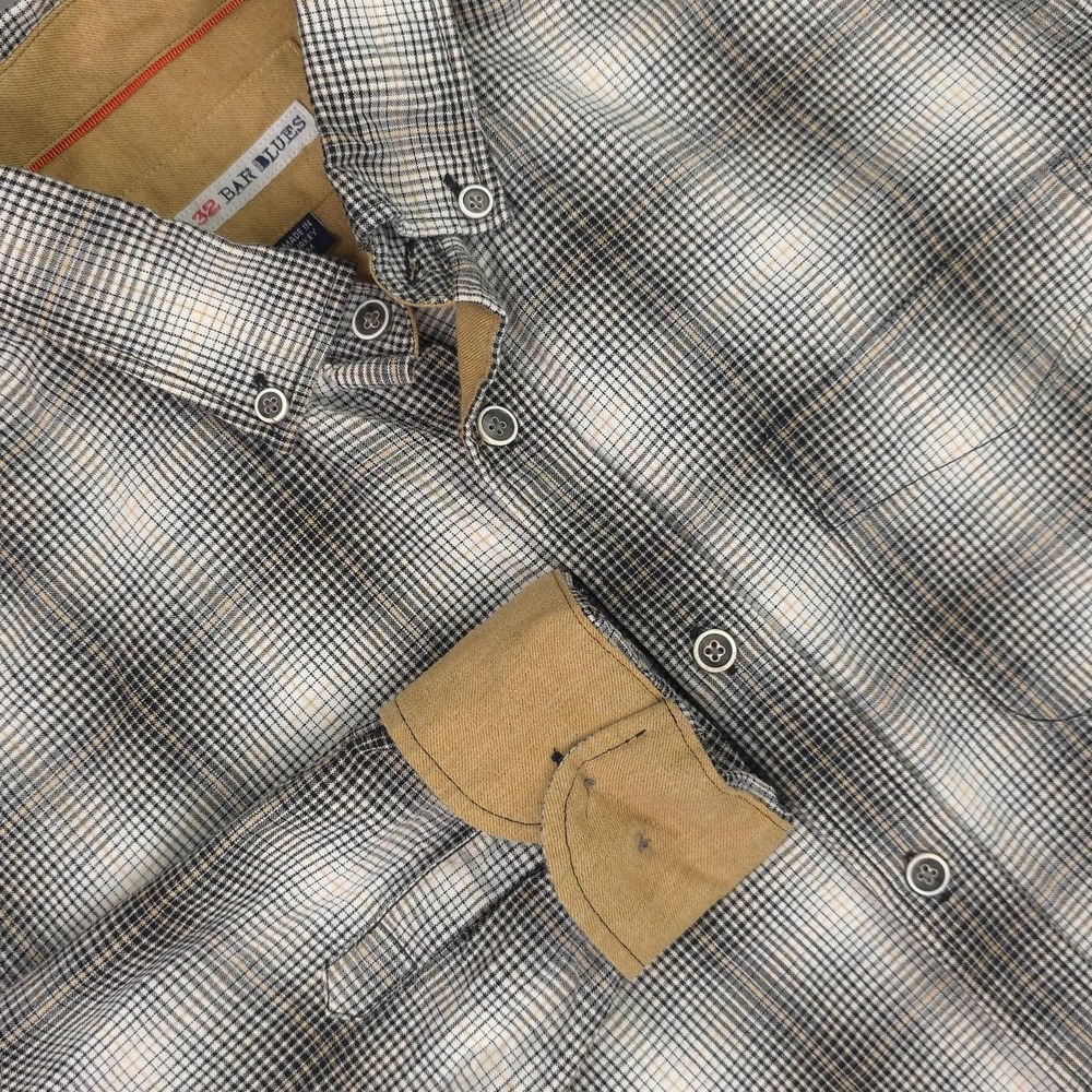 32 Bar Blues Shirt Mens Medium Gray Plaid Cotton Button Down Long Sleeve
